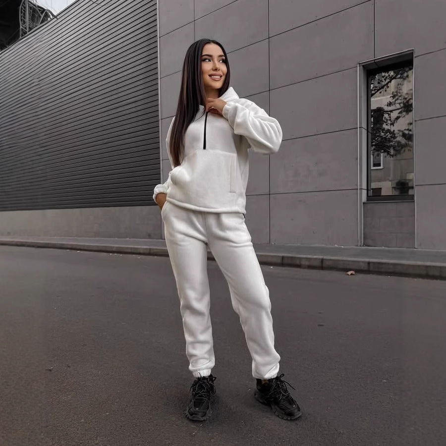 Damen sportliches Fleece-Set mit halbhohem Reißverschluss Kapuzenhoodie und lässiger Jogginghose EB