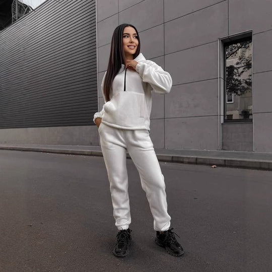 Damen sportliches Fleece-Set mit halbhohem Reißverschluss Kapuzenhoodie und lässiger Jogginghose EB
