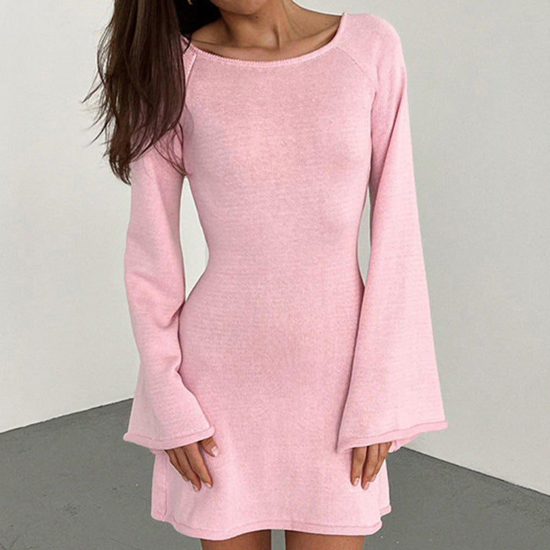 Damen lässiges Strickkleid mit weiten Ärmeln und Rundhalsausschnitt EB