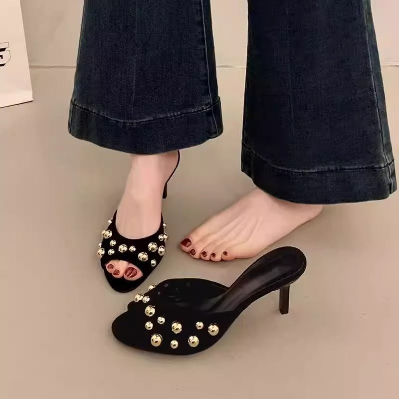Damen elegante Mules mit dekorativen Perlen EB