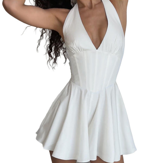 Damen Verspieltes Cocktailkleid mit tiefem V-Ausschnitt und fließendem Rock EB