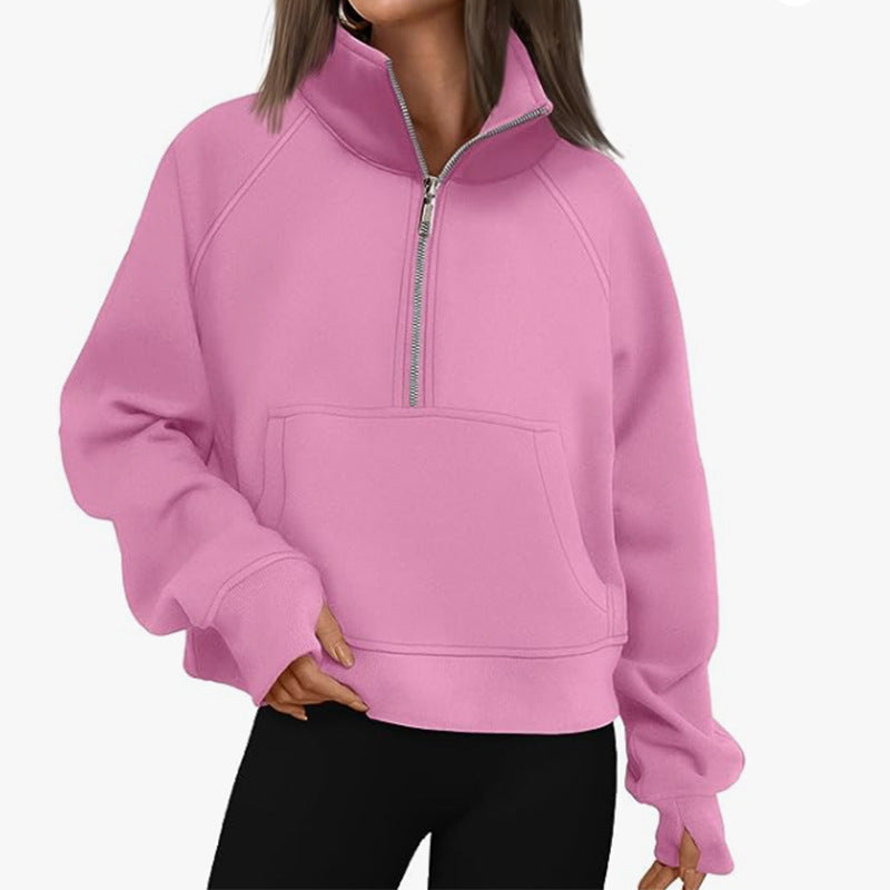 Damen nan oversized Halbzip Pullover mit Kängurutasche, Daumenlöchern und hohem Kragen EB