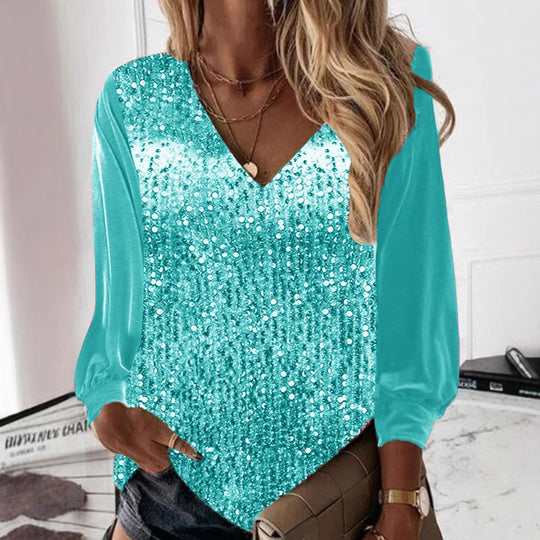 Damen Glitzernde Pailletten V-Ausschnitt Bluse mit Satinärmeln EB