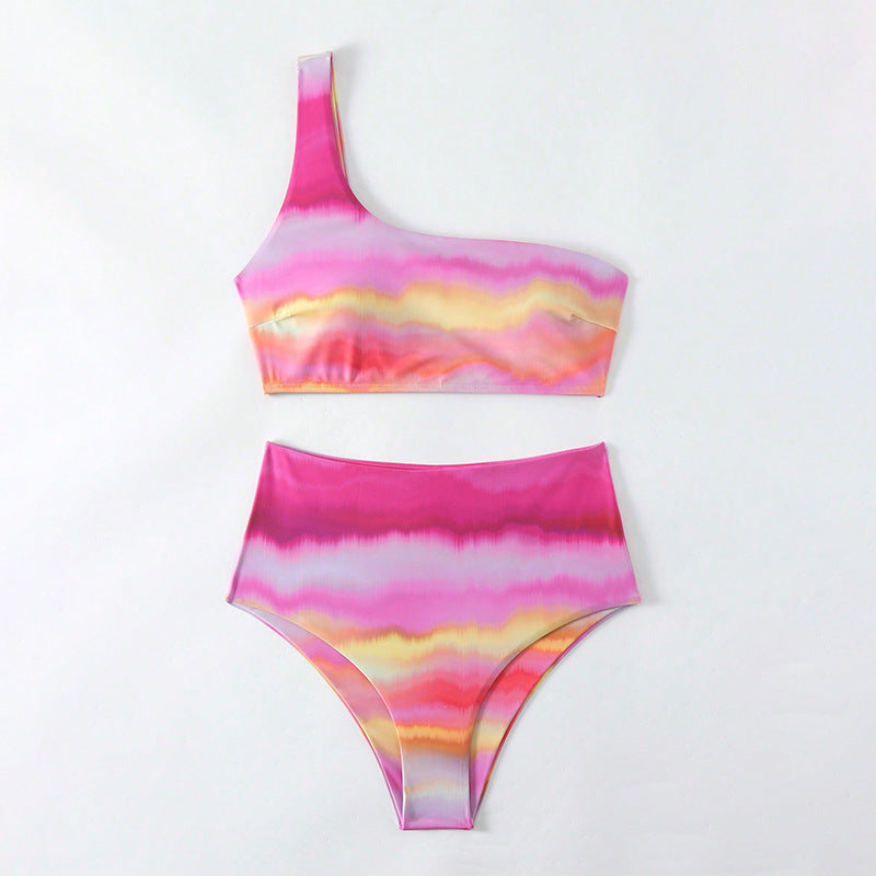 Damen Hochtailliertes Bikini-Set mit asymmetrischem Top und farbenfrohem Farbverlauf EB