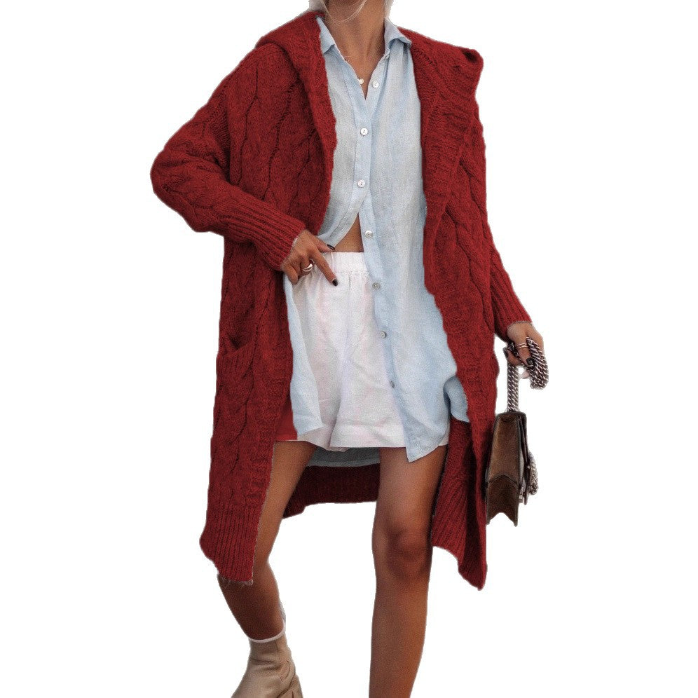 Damen Grobe Strickjacke mit Kapuze und Zopfdesign EB