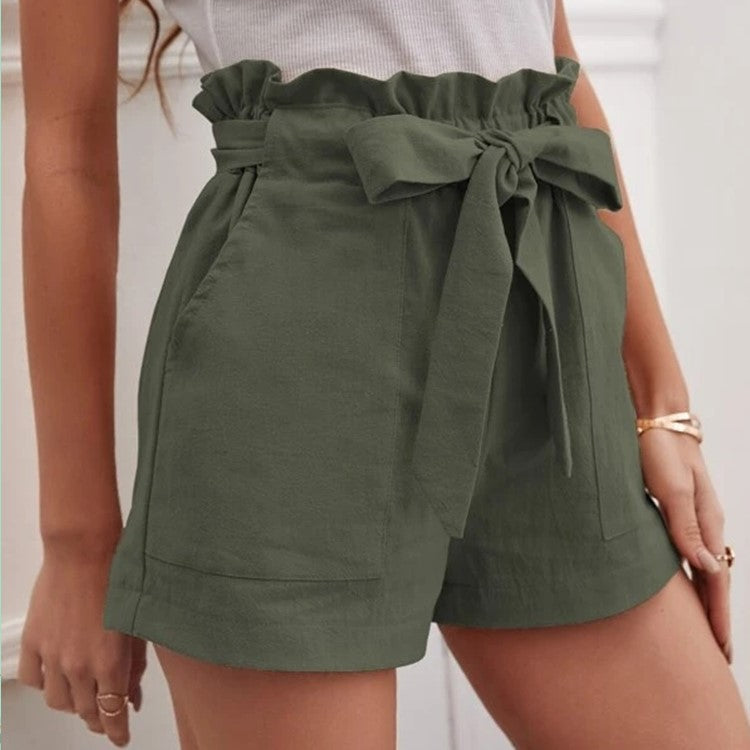 Damen kurze Lockere Leinenhose mit Bindegürtel EB