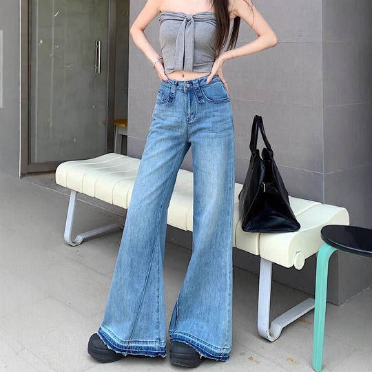 Damen weite Bootcut-Jeans mit hohem Bund und ausgefallenem Design EB