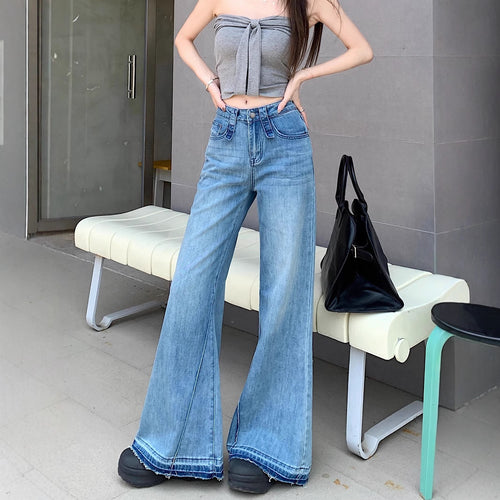Damen weite Bootcut-Jeans mit hohem Bund und ausgefallenem Design EB