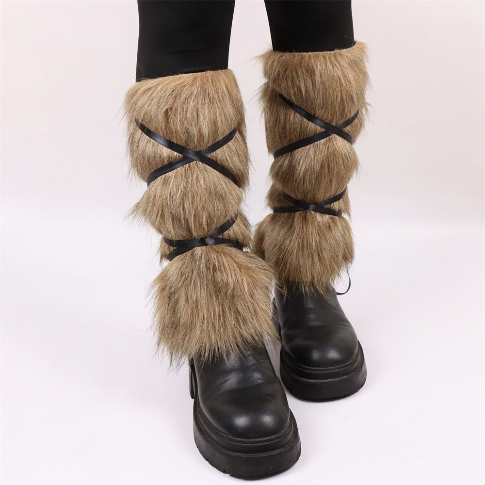 Damen Flauschige Beinstulpen mit Riemen EB