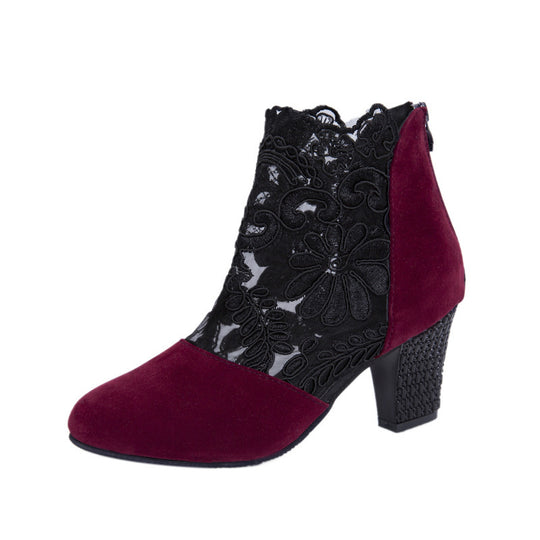 Damen Trendige Ankle Boots mit eleganter Spitzen- und Textilapplikation EB