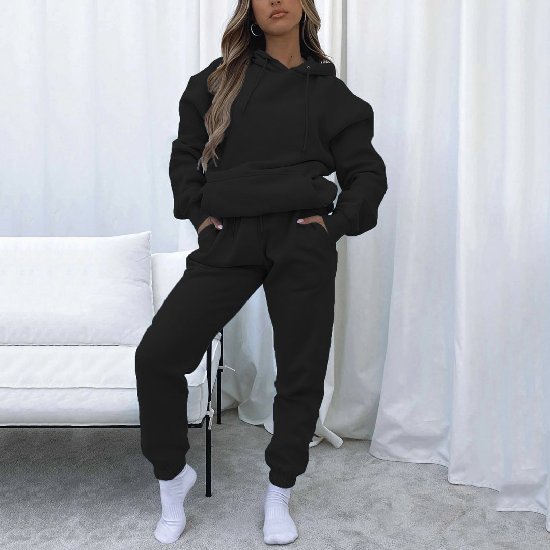 Damen nan Cropped Kapuzenjacke und High-Waist Jogginghose Set aus French Terry mit elastischem Bund EB