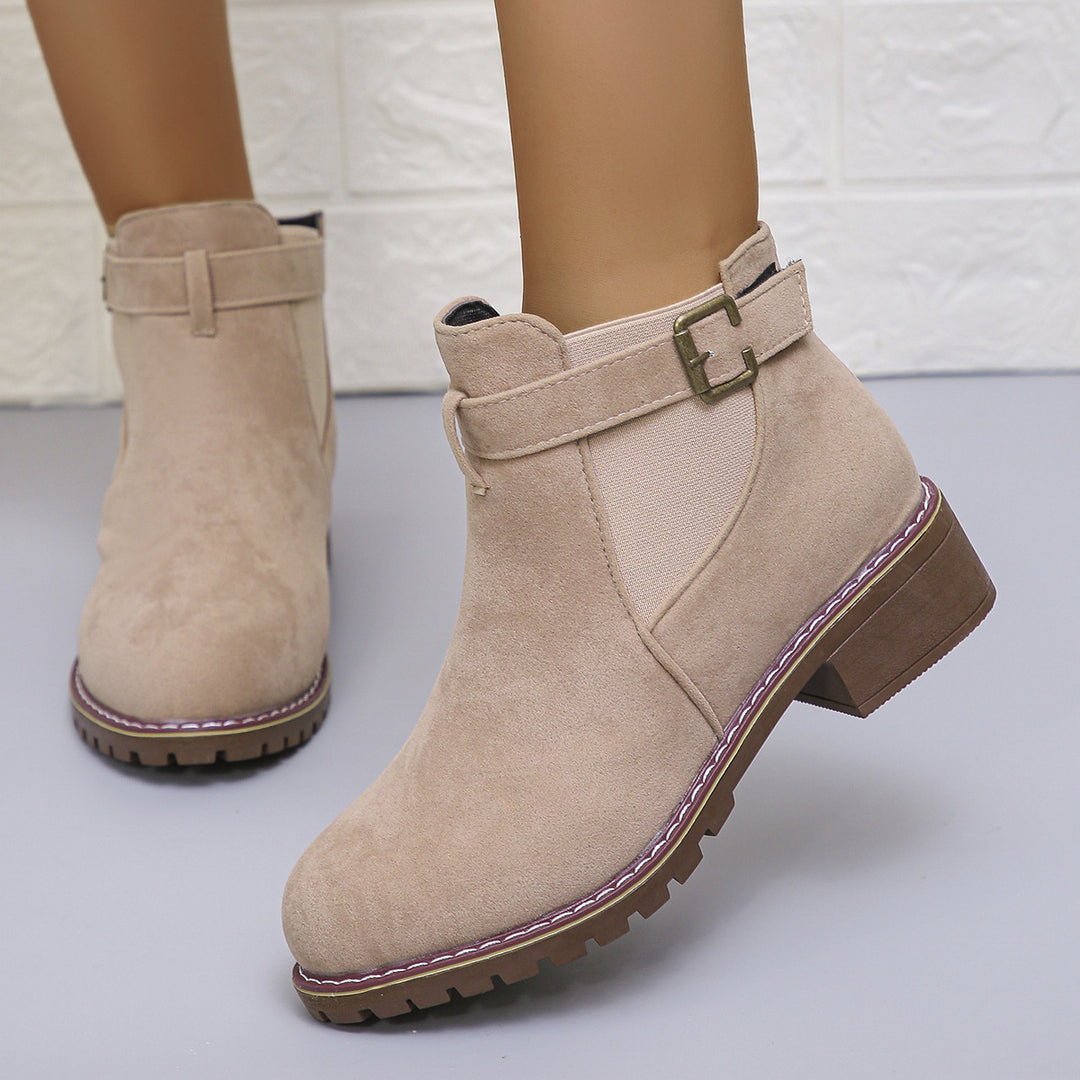 Damen kurze Ankle-Boots im Vintage-Velours-Look mit Schnallenriemen und profilierter Gummisohle EB