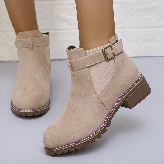 Damen kurze Ankle-Boots im Vintage-Velours-Look mit Schnallenriemen und profilierter Gummisohle EB