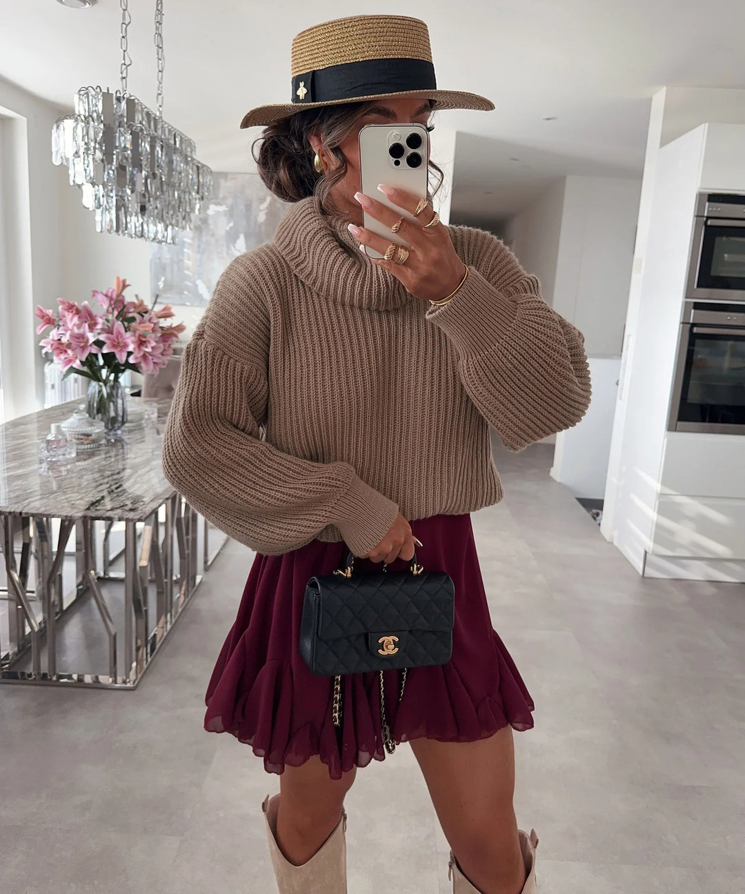 Damen Strickpullover mit hohem Kragen und voluminösen Ärmeln EB