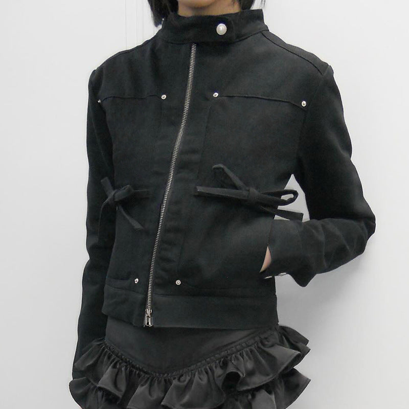 Damen nan taillierte Kurzjacke mit Stehkragen, Epauletten, Taillenriegeln und durchgehendem Reißverschluss EB