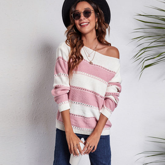 Damen Freizeit Pullover mit modernem Lochmuster und Streifen-Design EB