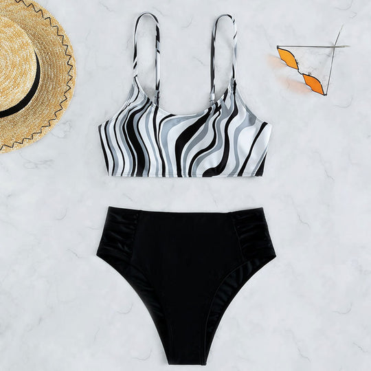 Damen Bikini-Set mit stilvollem Streifenmuster und hohem Bund EB