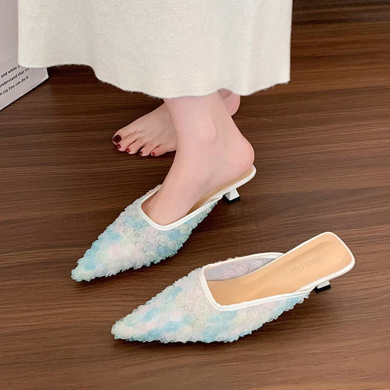 Damen Elegante Mules mit floralem Rosen-Design und modischem Absatz EB