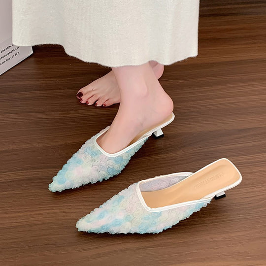 Damen Elegante Mules mit floralem Rosen-Design und modischem Absatz EB