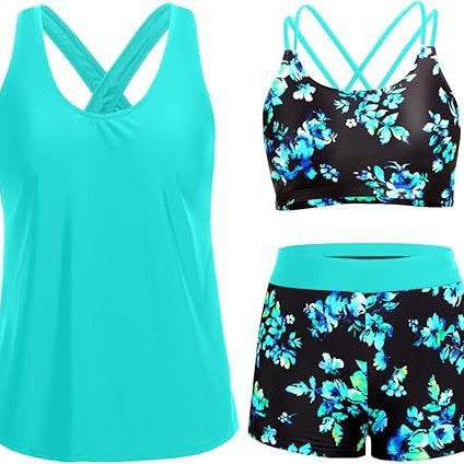 Damen Sportliches Tankini-Set mit floralem Oberteil und Shorts EB
