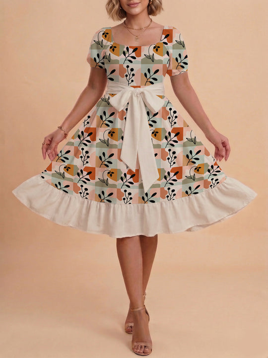 Damen Sommerkleid mit floralem Puffärmel und taillierbarem Gürtel EB