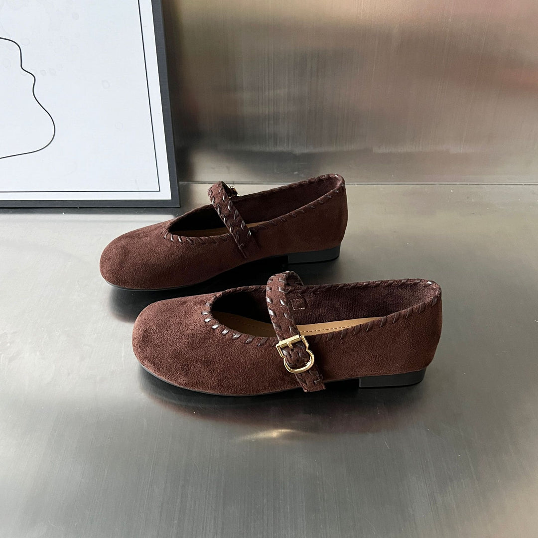 Damen elegante Ballerinas mit geflochtenem Riemen und hochwertiger Veloursoberfläche EB