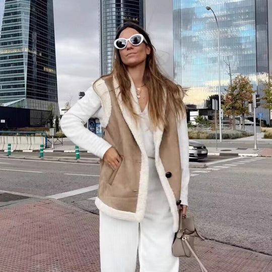 Damen warme Fleece-Weste mit klassischem Kragen und praktischen Taschen EB