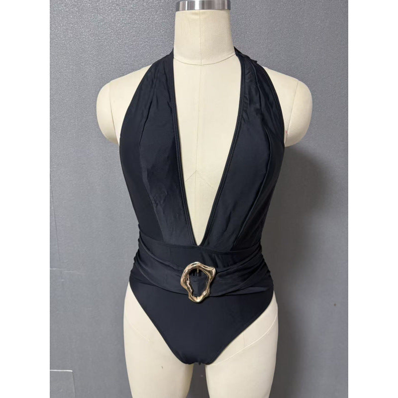 Damen Einteiler Badeanzug mit tiefem V-Ausschnitt und eleganter Gürtel-Applikation EB