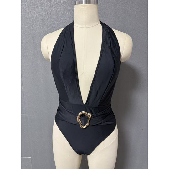 Damen Einteiler Badeanzug mit tiefem V-Ausschnitt und eleganter Gürtel-Applikation EB