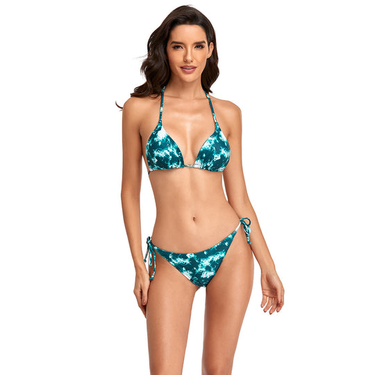 Damen Triangel-Bikini mit seitlichen Bindebändern und modischem Wellenmuster EB
