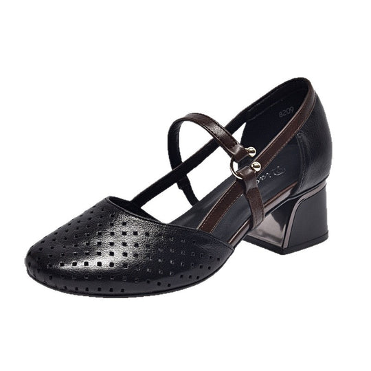 Damen Elegante Mary Jane Pumps mit modischem Blockabsatz und perforierten Details EB