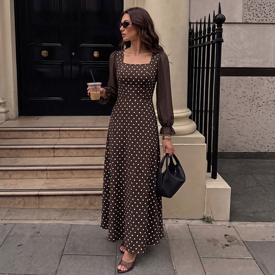 Damen Maxikleid mit Quadrat-Ausschnitt, transparenten Chiffon-Ärmeln und taillierter A-Linie EB