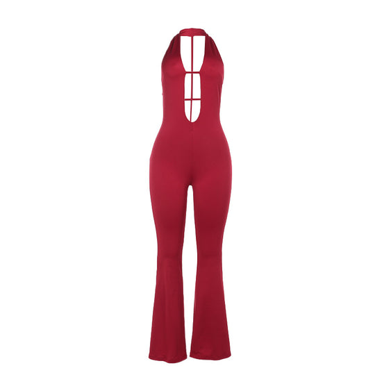 Damen figurbetonter Overall mit tiefem V-Ausschnitt und weitem Bein EB