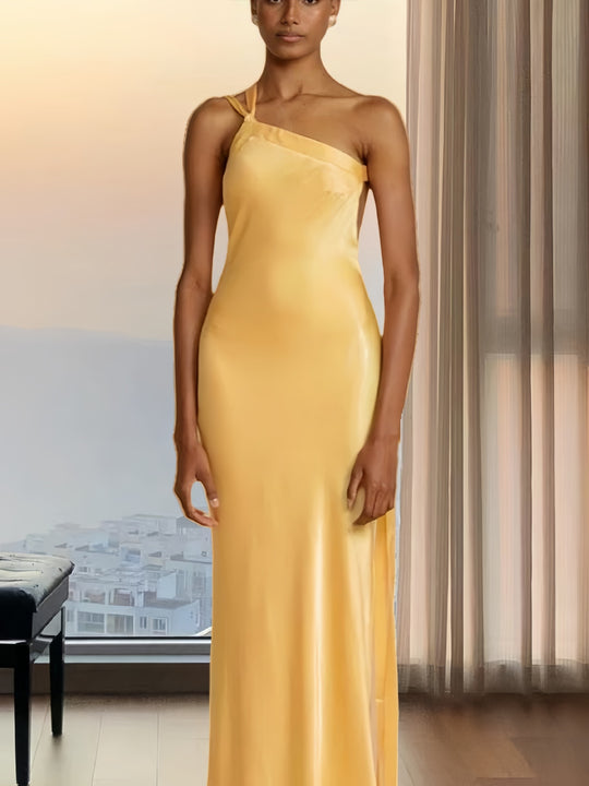 Damen Elegantes Satin Abendkleid mit asymmetrischem Schnitt und schmalem Träger EB
