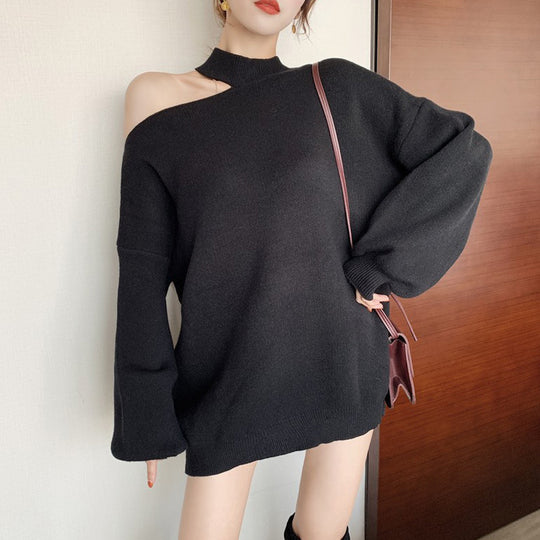 Damen modischer Oversized-Pullover mit schulterfreier Schnittführung und Rollkragen EB
