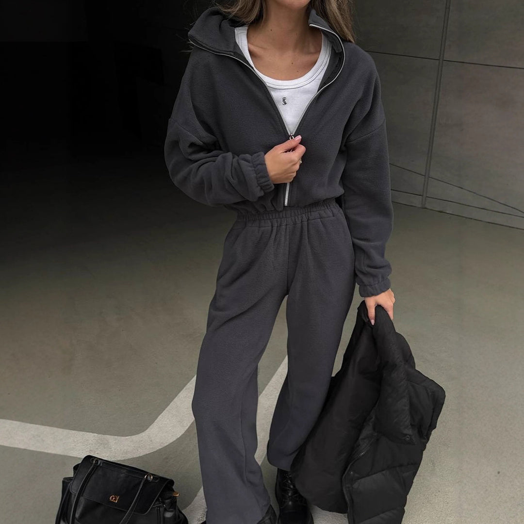 Damen Lässiger Fleece-Hausanzug mit Zip-Kapuze und elastischem Taillenbund EB