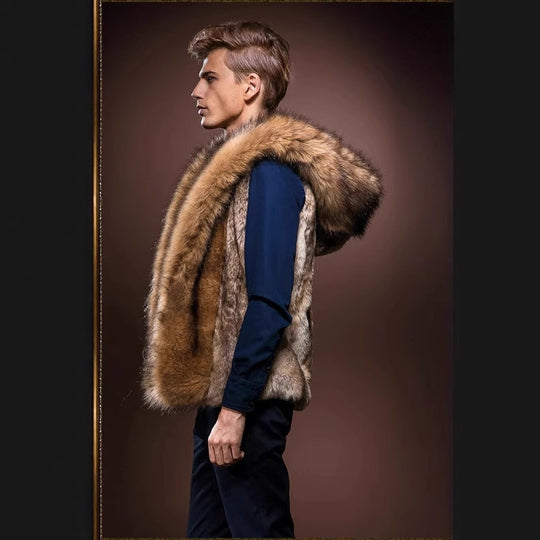 Herren Elegante Kunstpelz-Weste mit tiefem Kragen und luxuriösem Design EB
