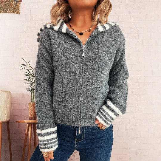 Damen kuschelige Strickjacke mit stilvollem Reißverschluss und modischen Streifen EB