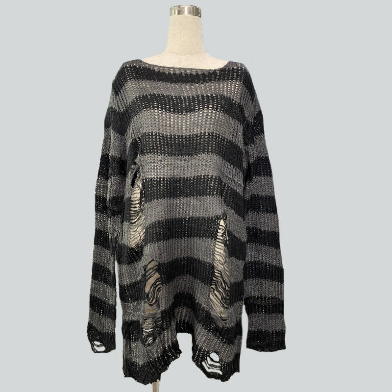 Damen nan Oversized Grobstrickpullover mit breiten Blockstreifen und aufgerissenem Design EB
