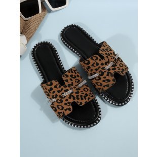Damen bequeme Slides mit modischem Leopardenmuster und funkelnden Akzenten EB