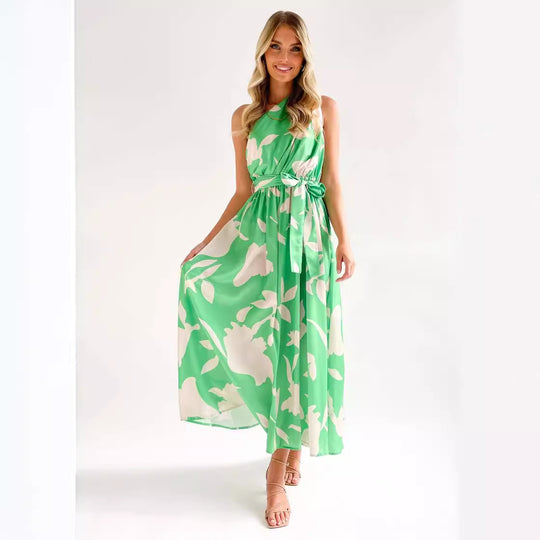 Damen Maxikleid mit asymmetrischem Ausschnitt und elegantem Bindegürtel EB