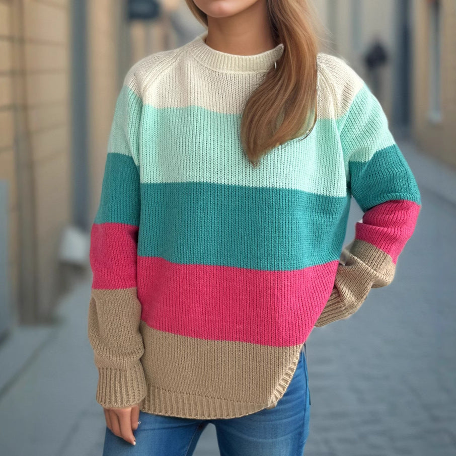 Damen lässiger Strickpullover mit bunten Blockstreifen und weitem Schnitt EB
