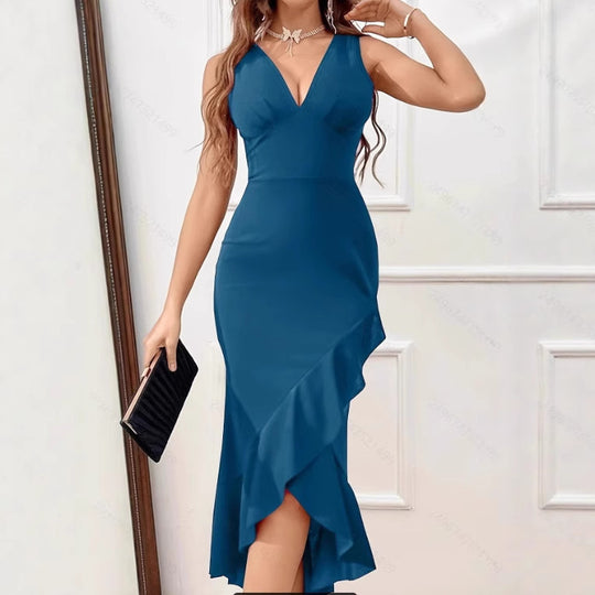 Damen Charmantes Maxikleid mit asymmetrischem Saum und V-Ausschnitt EB