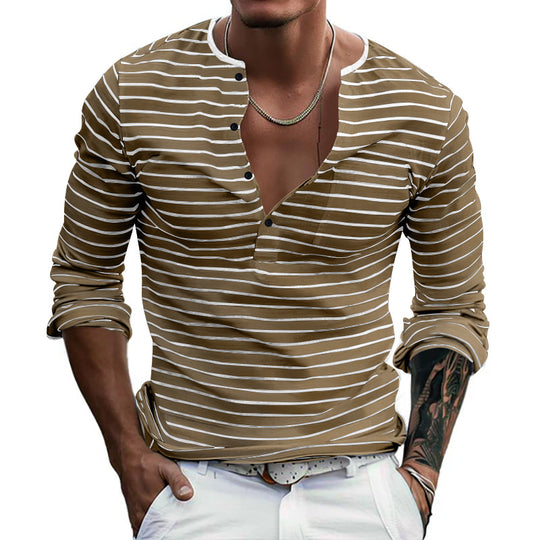 Herren nan gestreiftes Langarmshirt mit kurzer Knopfleiste, Rundhalsausschnitt und dezenter Brusttasche EB