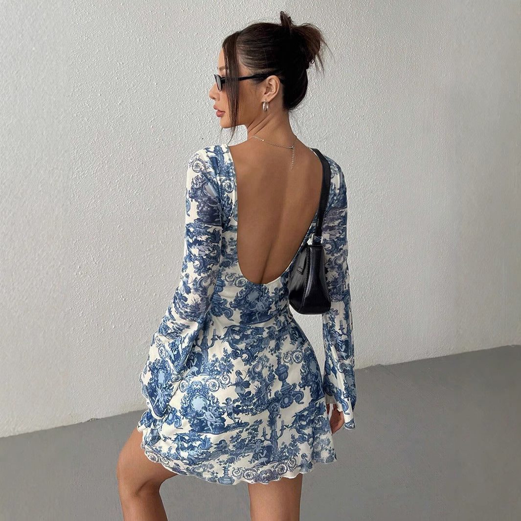 Damen Minikleid mit tiefem Rückenausschnitt und eleganter Printgestaltung EB