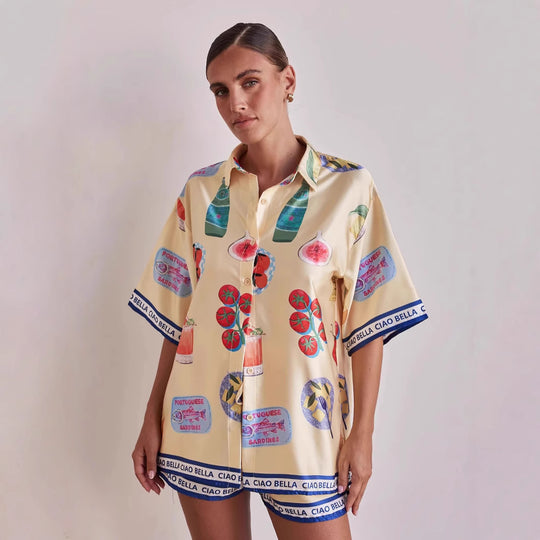 Damen Set bestehend aus stilvollem Kurzarm-Hemd und Shorts im sommerlichen Design EB
