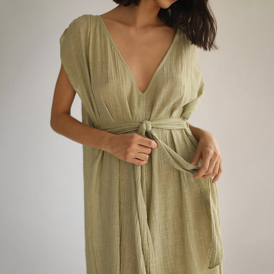 Damen luftiges Strandkleid mit Bindegürtel EB
