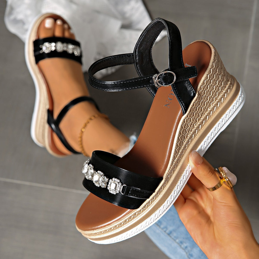 Damen elegante Wedge-Sandalen mit funkelnden Strass-Applikationen EB