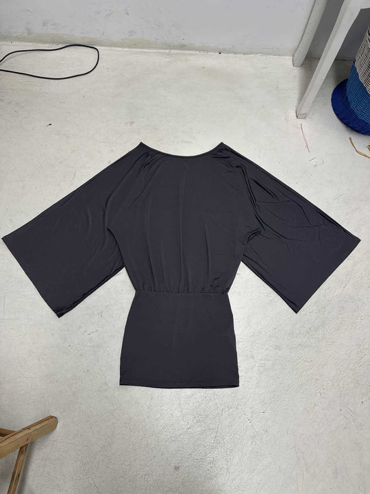 Damen nan schulterfreies Drapiertes Blouson-Top mit weitem Fledermausärmel und tailliertem Bündchen EB