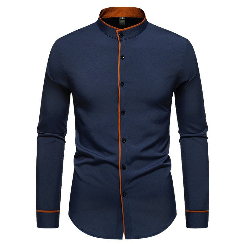 Herren Langarmhemd mit modernem Stehkragen und gesticktem Detail EB